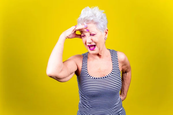 Old Woman Holding Back Having Terrible Backache Yellow Background Stressed — Stock Photo, Image