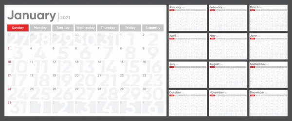 Calendar Template 2021 Week Start Sunday Corporate Design Planner Template — Stock Vector