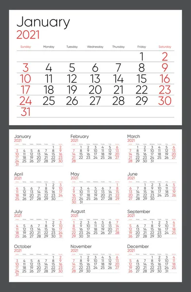 Calendar Template 2021 Week Start Sunday Corporate Design Planner Template — Stock Vector