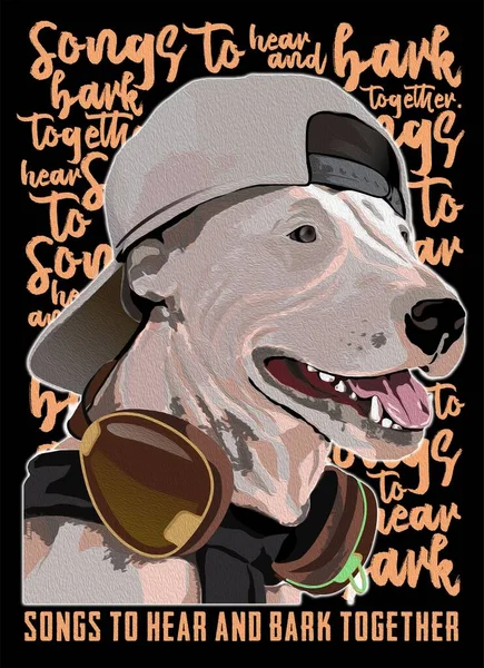 Siyah arka planda kepi ve kulaklığı olan bir köpek tasviri.