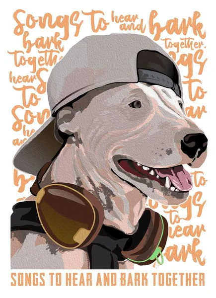 Şapkası ve kulaklığı olan mutlu bir köpek tasviri.