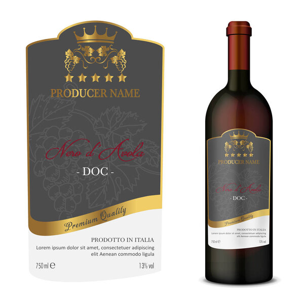 Векторная винная этикетка и бутылка вина макет с этой этикеткой
