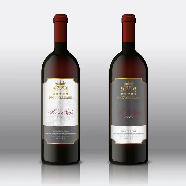 Set Botellas Vino Tinto Con Etiquetas Calidad Premium Frontal — Archivo Imágenes Vectoriales