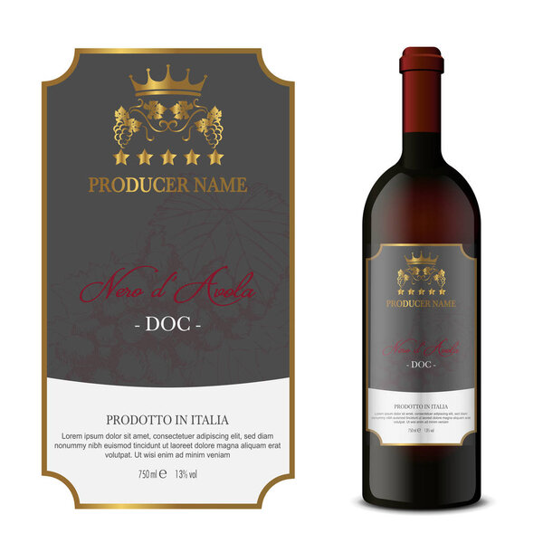 Векторная винная этикетка и бутылка вина макет с этой этикеткой
