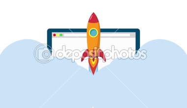 Animasyon düz çizgili Tema yaratıcı iş için iş ve başlangıç. Roket fırlatma bir bilgisayardan.
