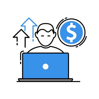 Vektör simge, bir Freelancer onun laptop ve bir dolar simgesi ile düz tasarım. İş kavramı