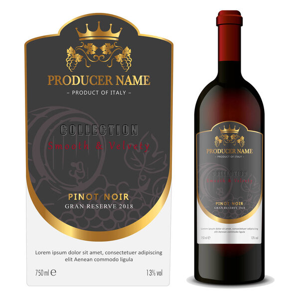 Набор этикеток Quality Red and White Wine. Чистый и современный дизайн с ручной гравировкой винограда связка, лист и стильная минимальная типография.