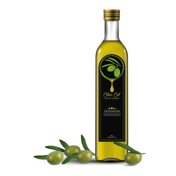 Huile Olive Extra Vierge Naturelle Bouteilles Verre Réalistes Avec Des — Image vectorielle