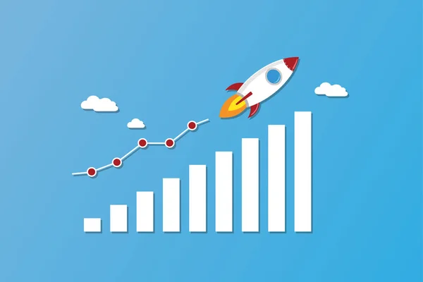 Rocket Fly Gráfico Concepto Éxito Creación Empresas Financieras Azul Fondo — Vector de stock