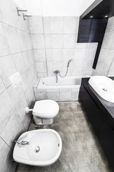 灰色现代浴室配有香水 坐浴盆 洗脸盆和浴缸 — 图库照片