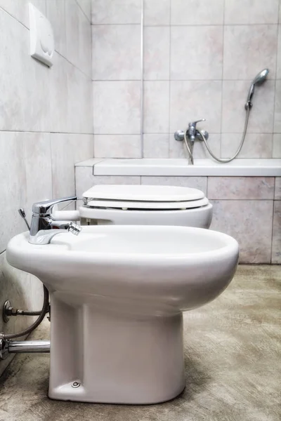 Grau Modernes Badezimmer Mit Toilette Bidet Badewanne Und Duschkopf — Stockfoto