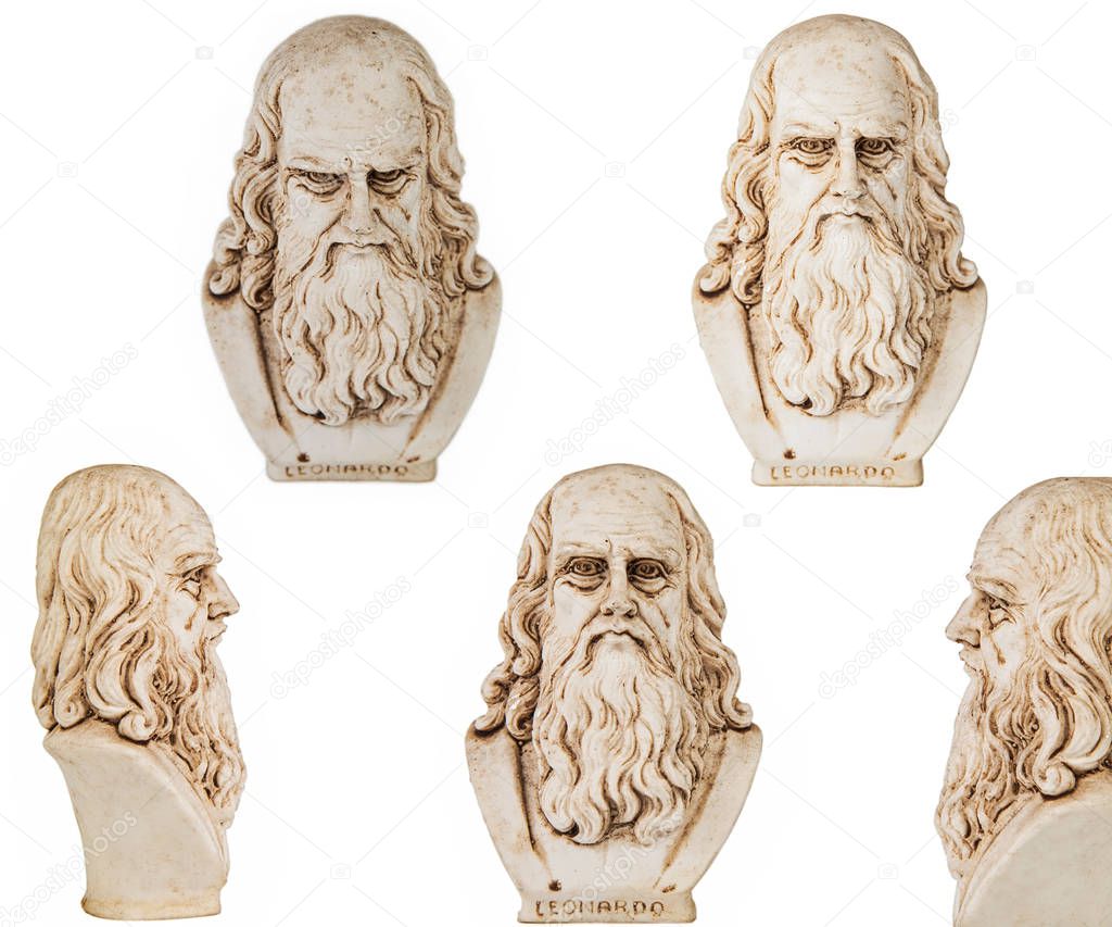 Leonardo da vinci collection, one of the greatest mind in the humanity, isolated on white background