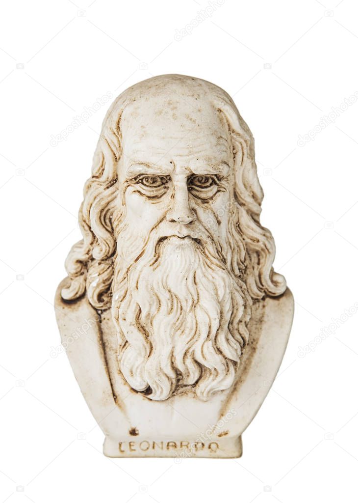 Leonardo da vinci frontal view, one of the greatest mind in the humanity, isolated on white background