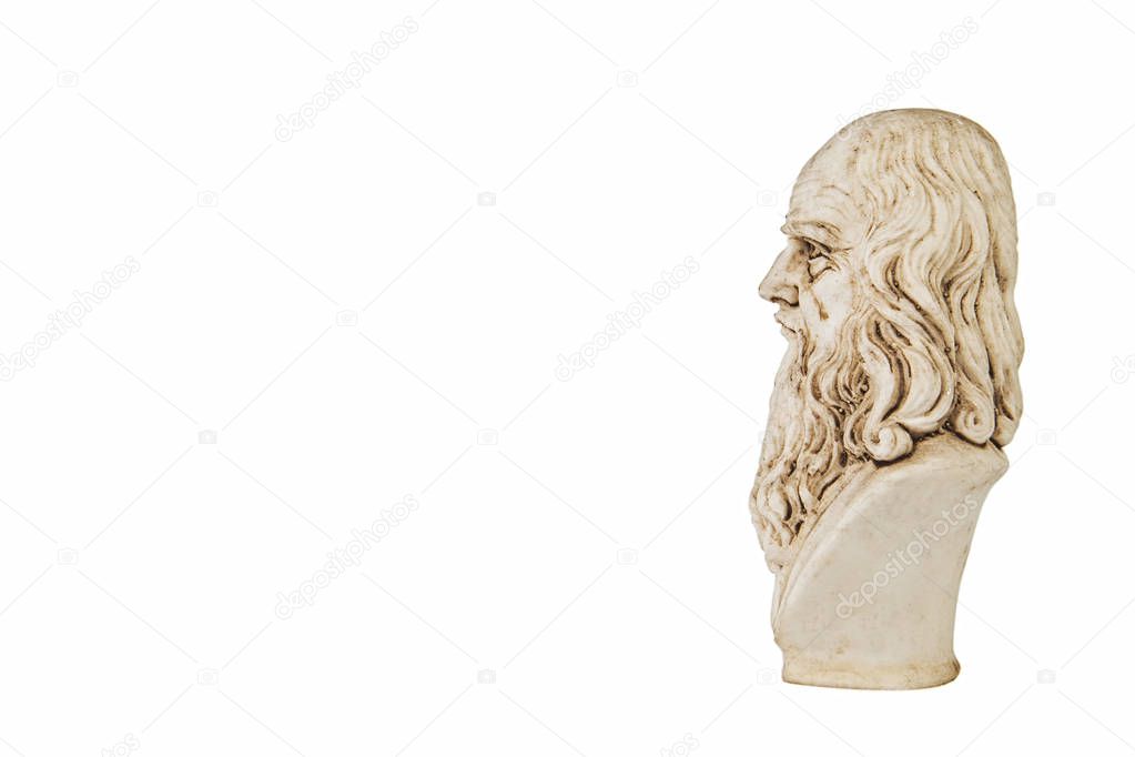 Leonardo da vinci lateral view, one of the greatest mind in the humanity, isolated on white background