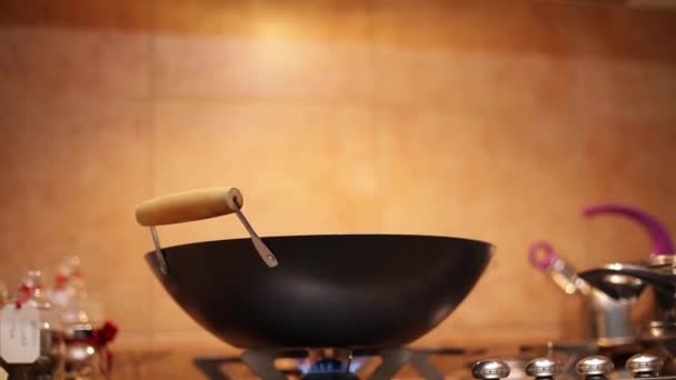 Large Metal Wok Steam Kitchen Background Illuminated Warm Light — Stock Video