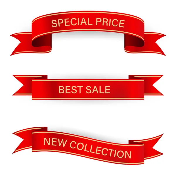 Sale Price Banner Tag Ribbon Business Promotional Red Ribbons Set — Stock Vector