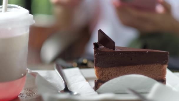 Woman Eating Chocolate Cake Dessert — Stock Video