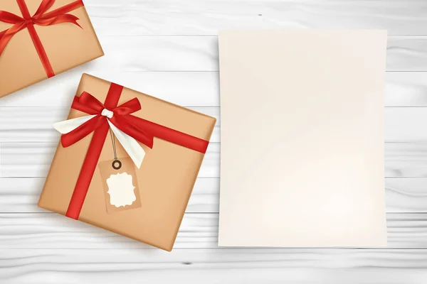 Caja Regalo Con Cinta Roja Papel Blanco Para Concepto Vacaciones — Vector de stock