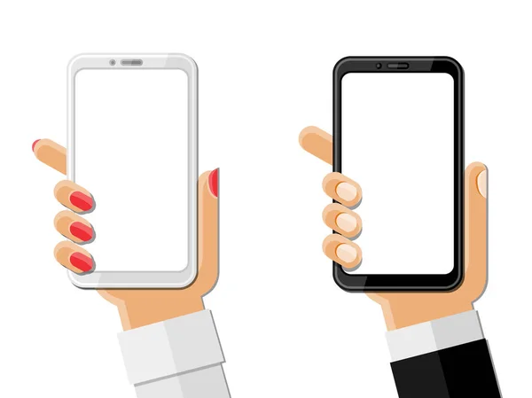Руки держат смартфоны изолированными на белом — стоковый вектор
