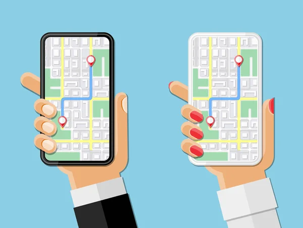 Ręce Ludzi Trzymających Telefony Koncepcja Mobilnej Nawigacji Ilustracja Wektora Płaskiej — Wektor stockowy