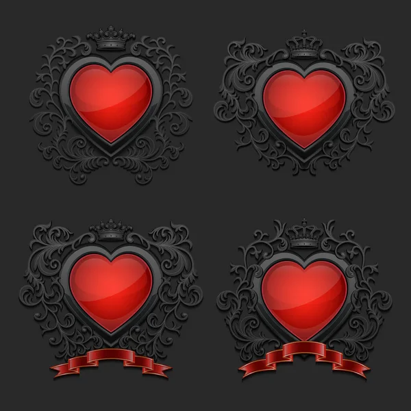Set Glossy Hearts Coat Arms Vector Illustration — Stock Vector