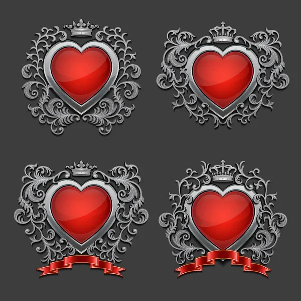 Set Silver Hearts Coat Arms Vector Illustration — Stock Vector
