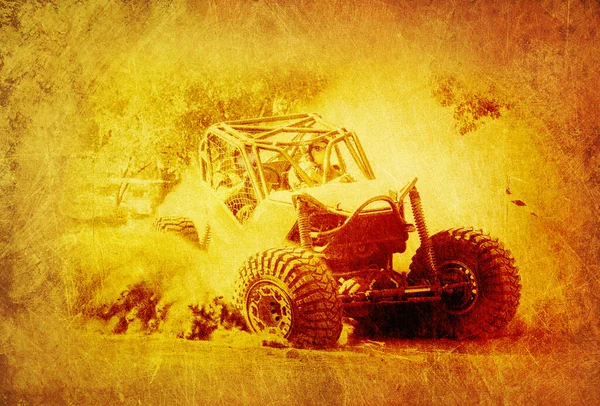 Artistic Image of Modified 4x4 Off-Road Vehicle Kicking up Dust Super imposed on Grunge Background