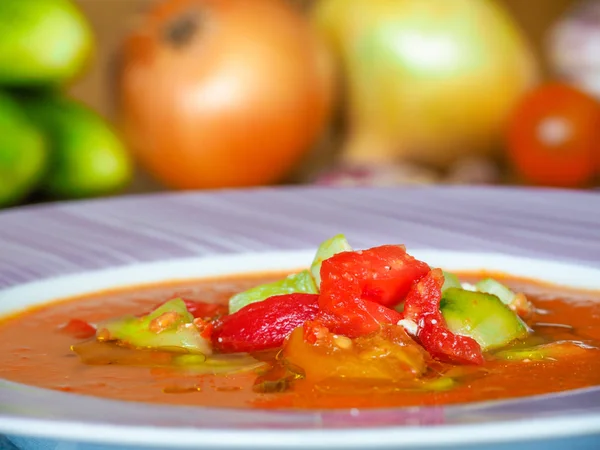 Gazpacho Koude Soep Gemaakt Van Rauwe Gemengde Groenten — Stockfoto