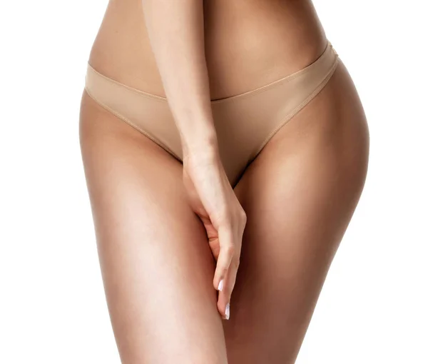 Νέοι τέλεια slim σώμα γυναίκας στο εσώρουχο που απομονώνονται σε λευκό — Φωτογραφία Αρχείου