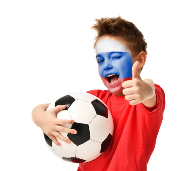 Fan boy player hold soccer ball celebrating happy laughing showing thumbs up sign with russian flag on face — Stock Photo, Image