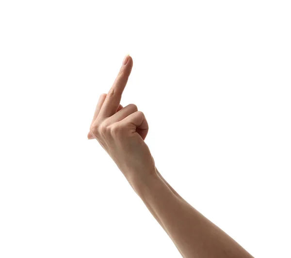 Woman hand showing middle finger isolated on a white — Stock Photo, Image