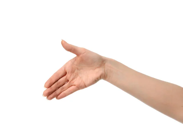 Mano de mujer lista para apretón de manos señalando palma aislada en blanco — Foto de Stock