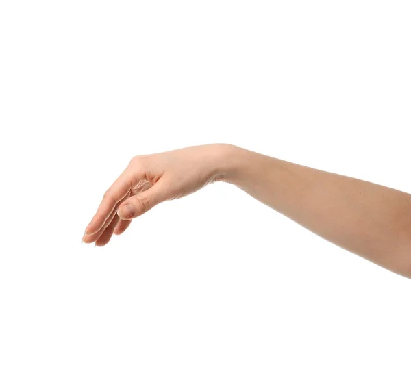 Mujer mano señalando tocando o presionando palma aislada — Foto de Stock