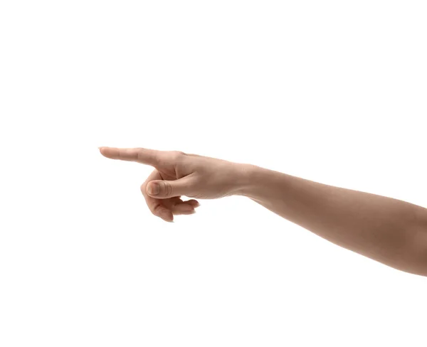 Femme main pointant toucher ou presser doigt — Photo