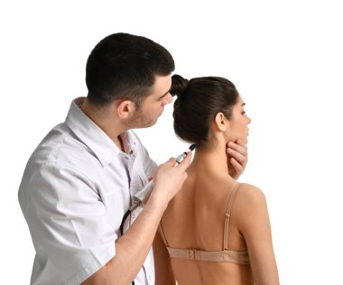 Doktor Doktor terapist İnceleme kadın boyun hasta ve onun atlas ilk servikal omur düzeltmek için deneyin