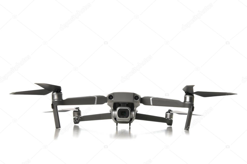 New drone quadcopter with digital camera isolated on white