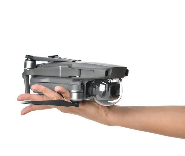 Mulher Mão Segurar Novo Pequeno Quadricóptero Drone Portátil Com Câmera — Fotografia de Stock