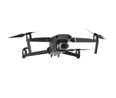 Beyaz izole yeni koyu gri dron quadcopter ile dijital fotoğraf makinesi ve uçan sensörler