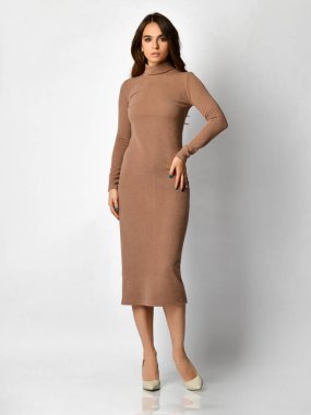 Yüksek tepelerin tam vücut yeni kahverengi moda kış elbise poz genç güzel kadın