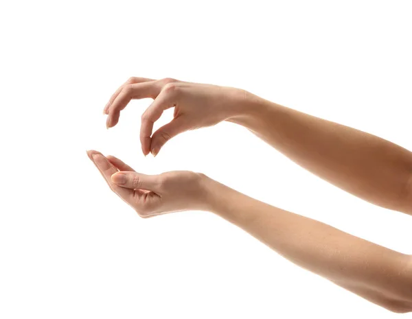 Les mains de la femme tiennent invisible signe carte de visite virtuelle et paume ouverte — Photo