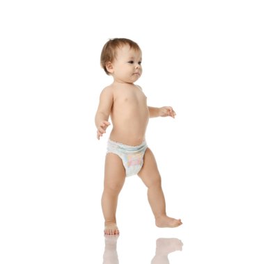 Infant child baby girl kid toddler in diaper  make first steps clipart