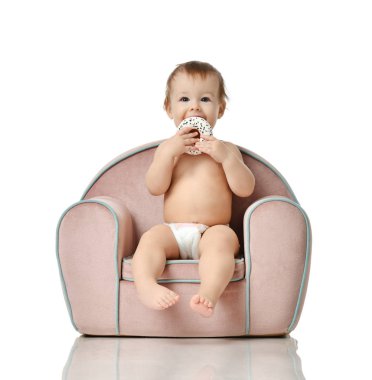 Infant child baby girl kid toddler in diaper  sit in little armchair chair  clipart
