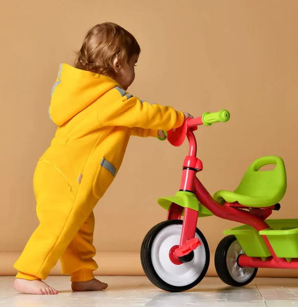 Baby girl kid riding her first bicycle tricycle in warm yellow overalls looking up on light grey — Stock Photo, Image