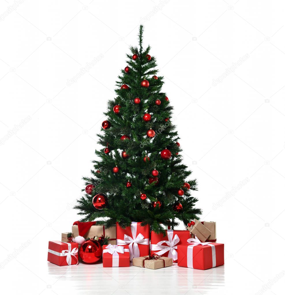 Christmas tree decorated with red patchwork ornament artificial balls craft presents for new year 2019