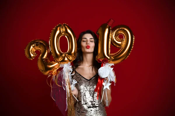 Vrouwen Nieuwjaar Vieren Feest Gelukkig Lachen Zilveren Casual Kleding Met — Stockfoto