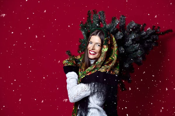 Feliz mujer de estilo ruso con bufanda sostiene el árbol de Navidad sobre sus hombros feliz risa — Foto de Stock