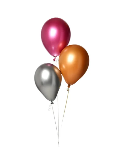 Bunch of big purple silver and gold latex balloons objects for birthday party isolated on a white — Stock Photo, Image