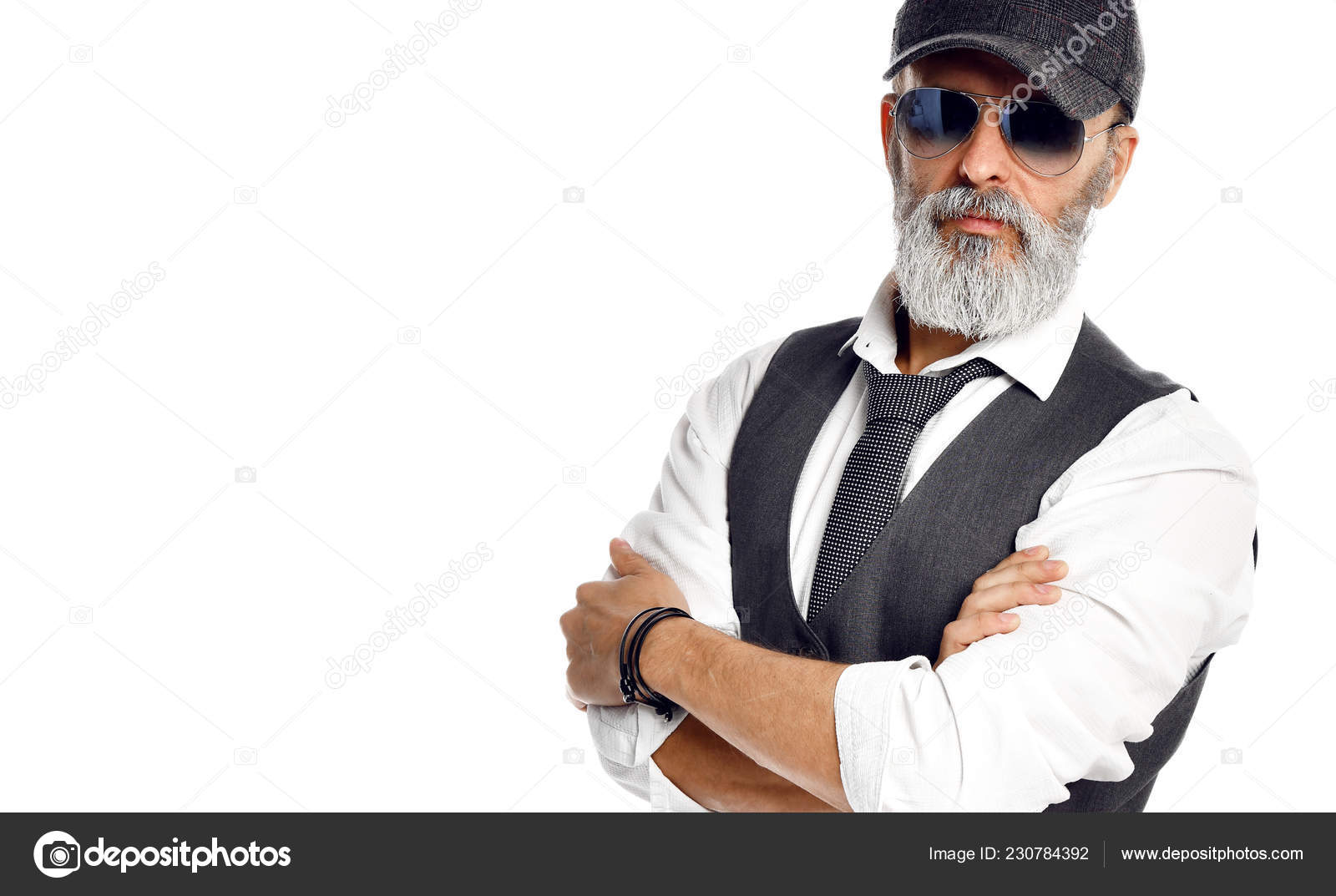 Old brutal senior millionaire man in white shirt and aviator