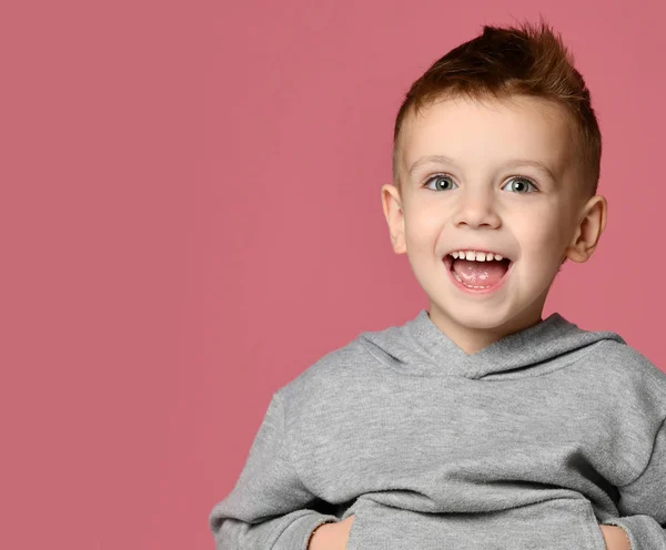 Młode dziecko chłopiec dziecko w szara Bluza z kapturem z niezależnej kopii przestrzeni szczęśliwy — Zdjęcie stockowe