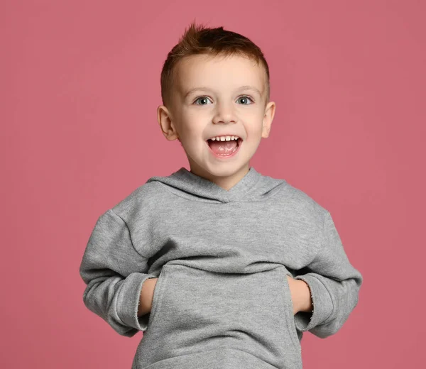 Młode dziecko chłopiec dziecko w szara Bluza z kapturem z niezależnej kopii przestrzeni szczęśliwy, uśmiechając się, śmiejąc się na NK — Zdjęcie stockowe